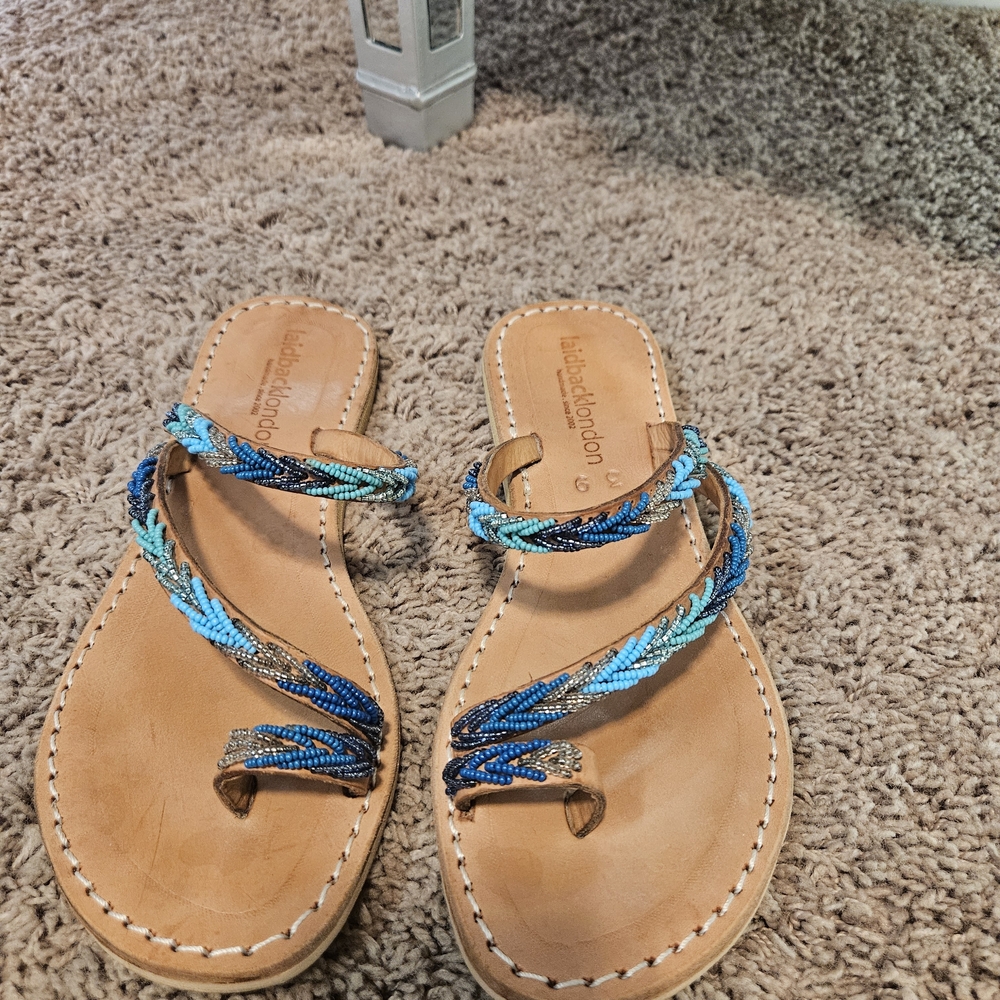 Madison & Mathew Blue and Tan Beaded Sandals